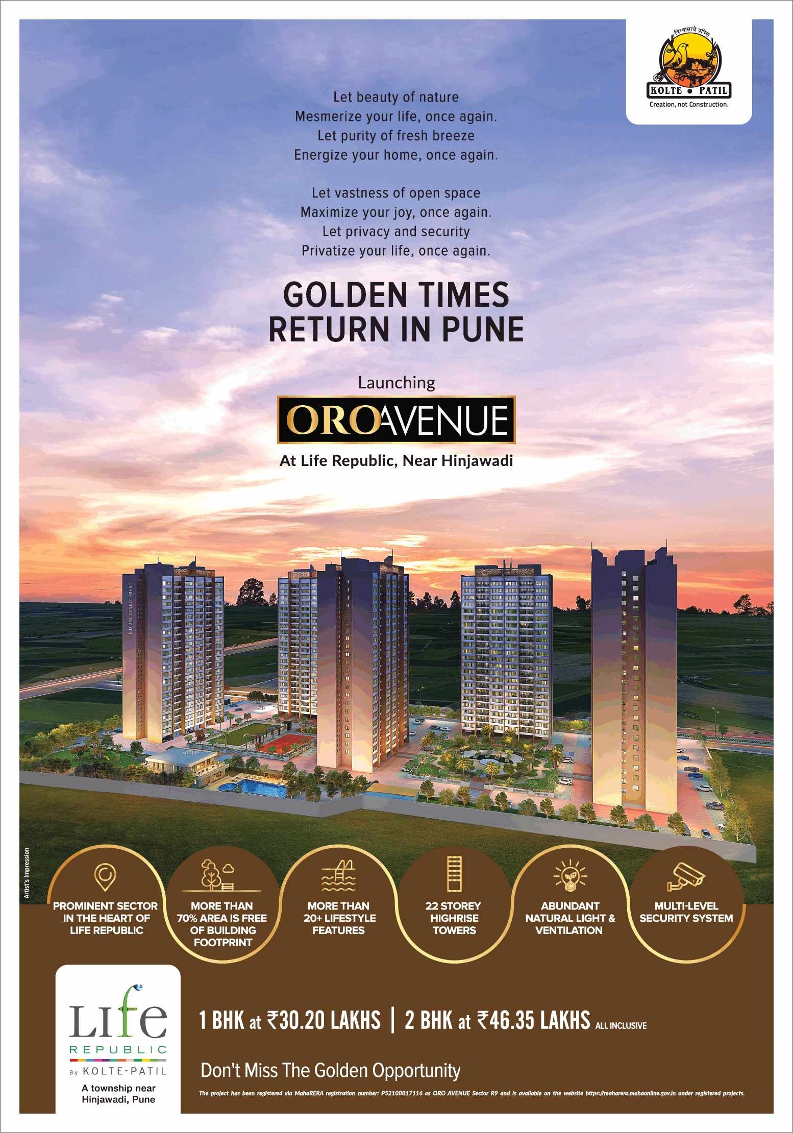 Book 1 & 2 bhk apartments at Kolte Patil Life Republic ORO Avenue in Pune Update